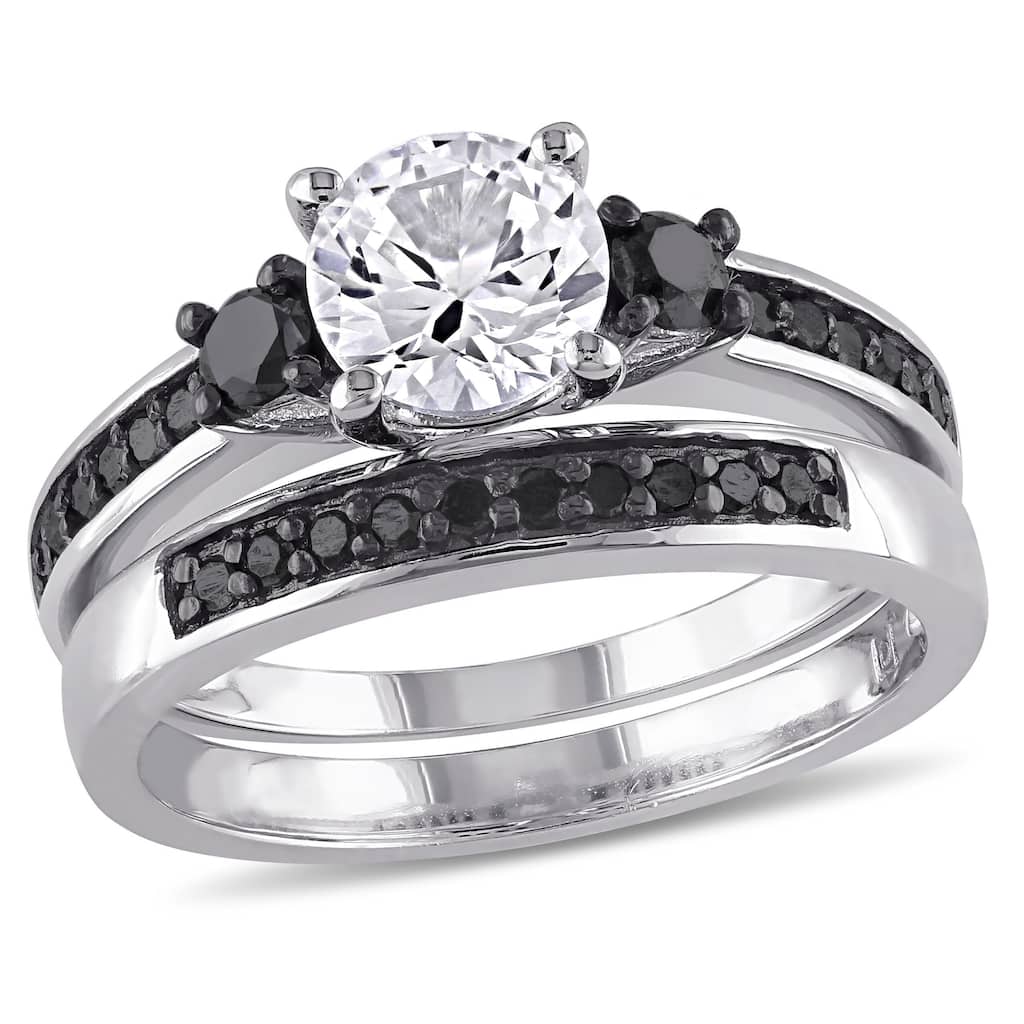 Miadora Sterling Silver Created White Sapphire and 2/ 5ct TDW Black Diamond Bridal Ring Set