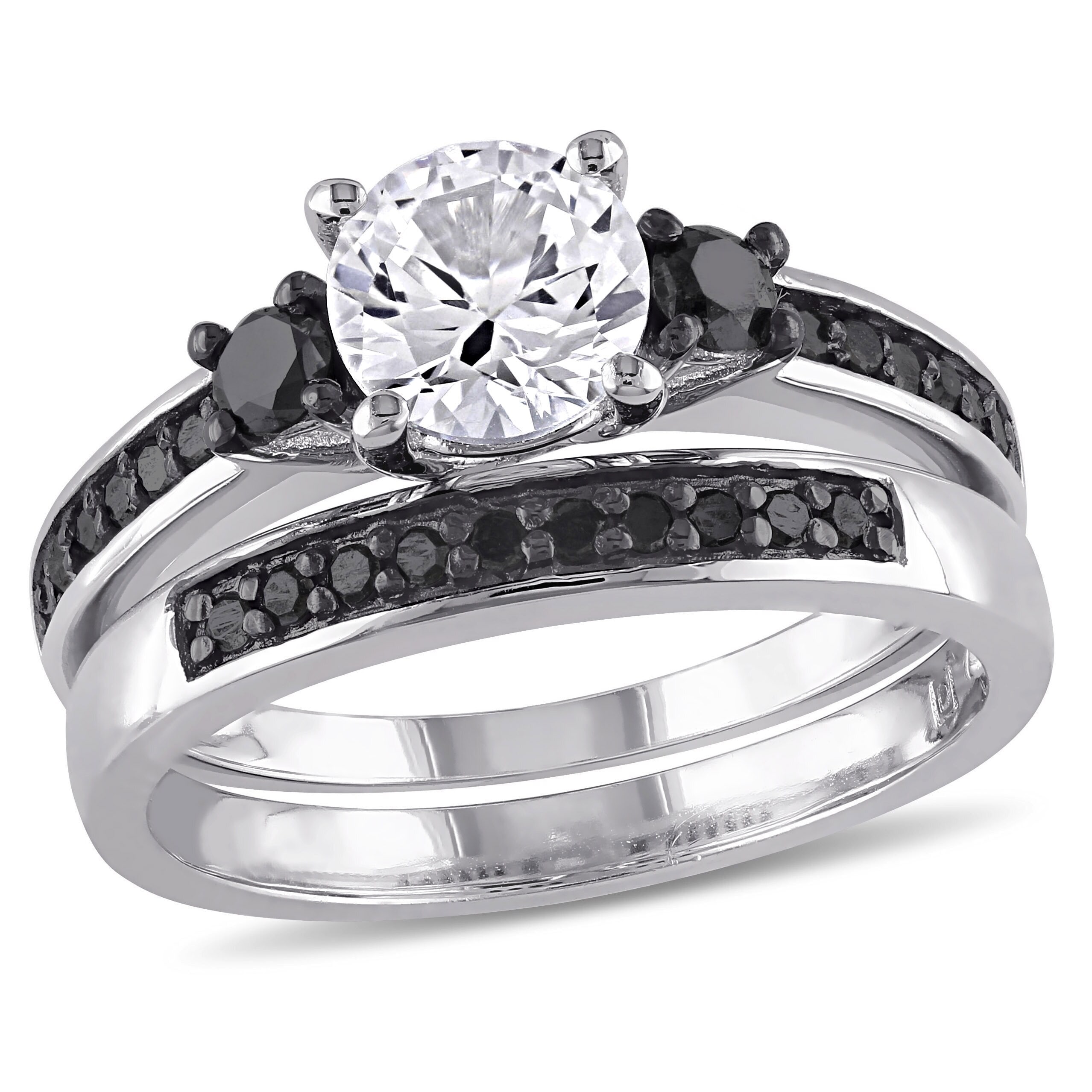Miadora Sterling Silver Created White Sapphire and 2/ 5ct TDW Black Diamond Bridal Ring Set