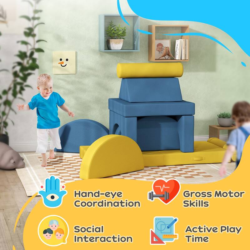 14-Piece Toddler Soft Foam Building Blocks Set Yellow and Blue Reconfigurable for Creative Play Cars Castles and Rockets