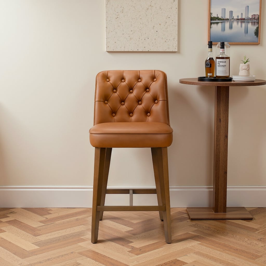 Portland Walnut-Finish Counter Stool with Button-Tufted Backrest