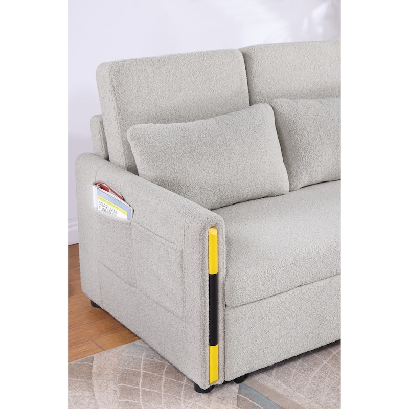 55.5"W Beige Teddy Velvet Sleeper Loveseat With Dual-Pull Sleeper Design