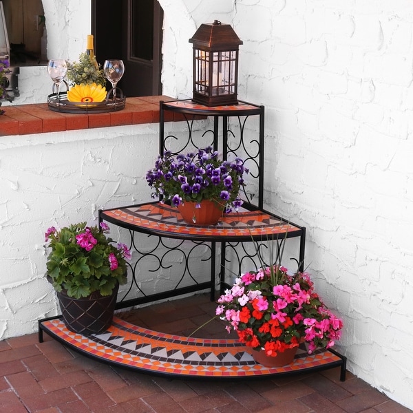 Sunnydaze 3 Tier Step Mosaic Tiled Outdoor Corner Display Shelf - 40 Inch Tall