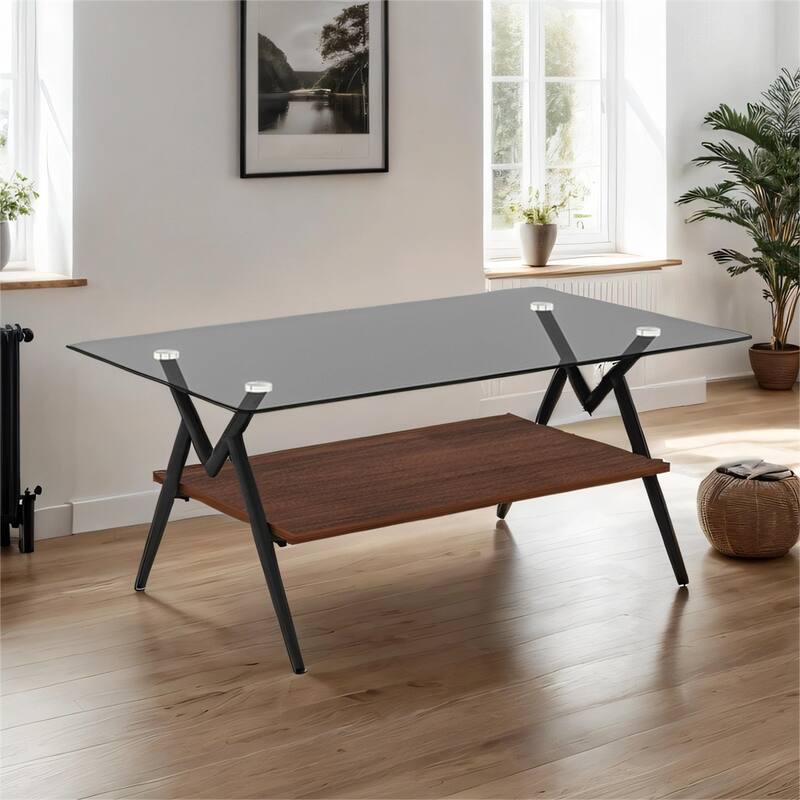 Modern Rectangle Coffee Table with Tempered Glass top and Metal Legs