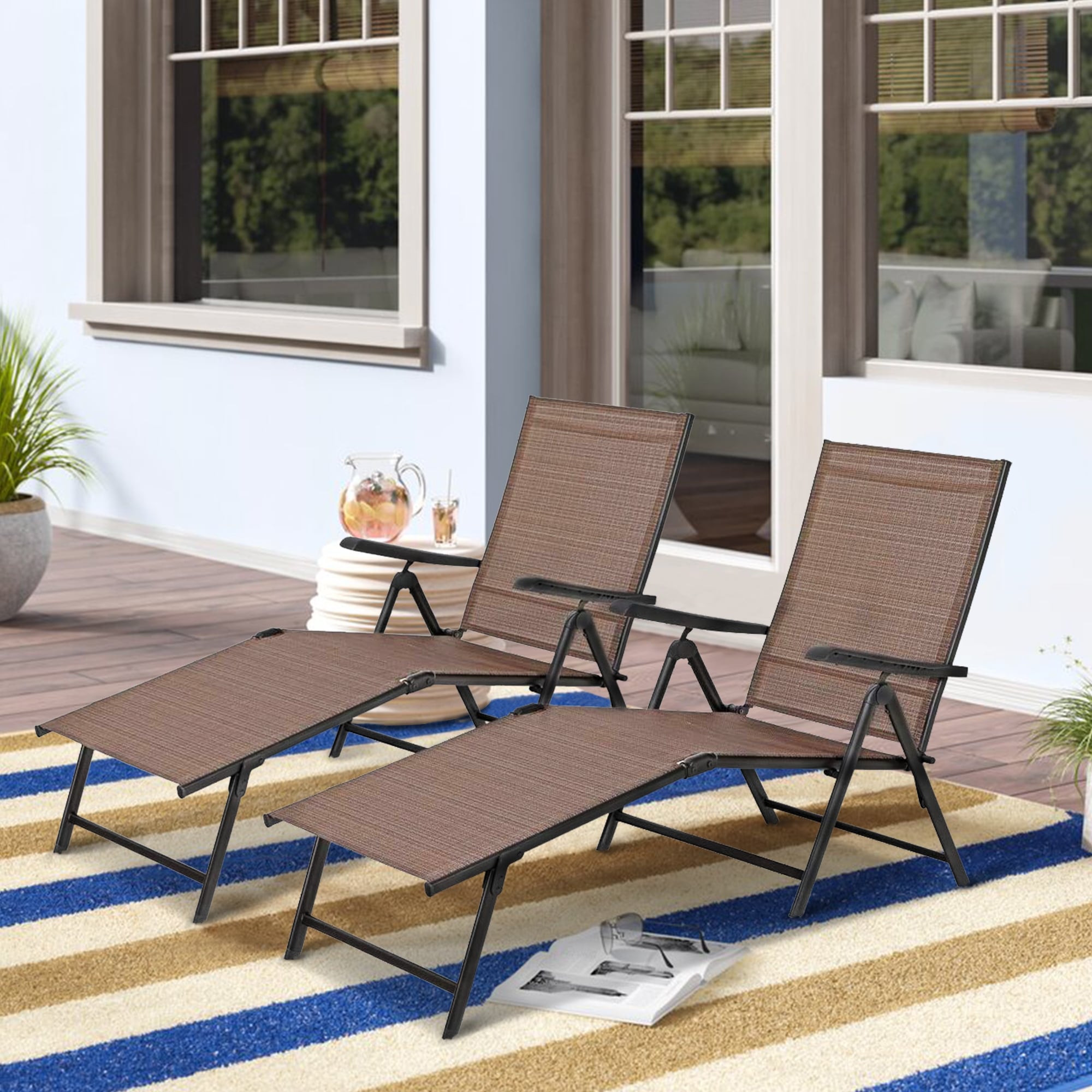 Folding Rattan Aluminum Recliner Chair Outdoor Patio Furniture Garden Brown US 