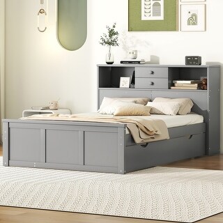 Wooden Full Size Pltaform Bed with Trundle, 3 Drawers, Upper Shelves
