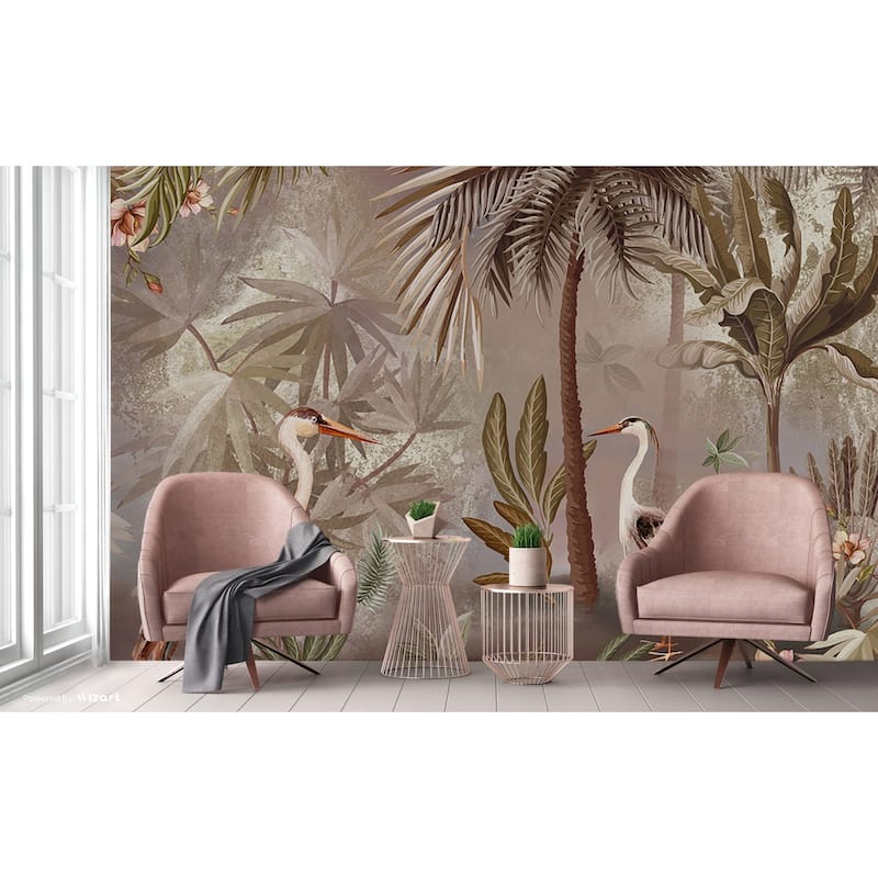 Serene Tropical Oasis Wallpaper Mural Herons and Palm Trees