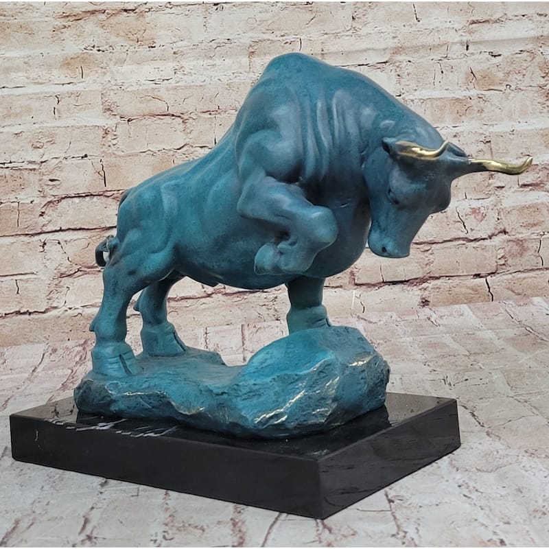 Charging Bull Hot Cast Bronze Figure W/ Blue Green Patina On Marble Base By Milo