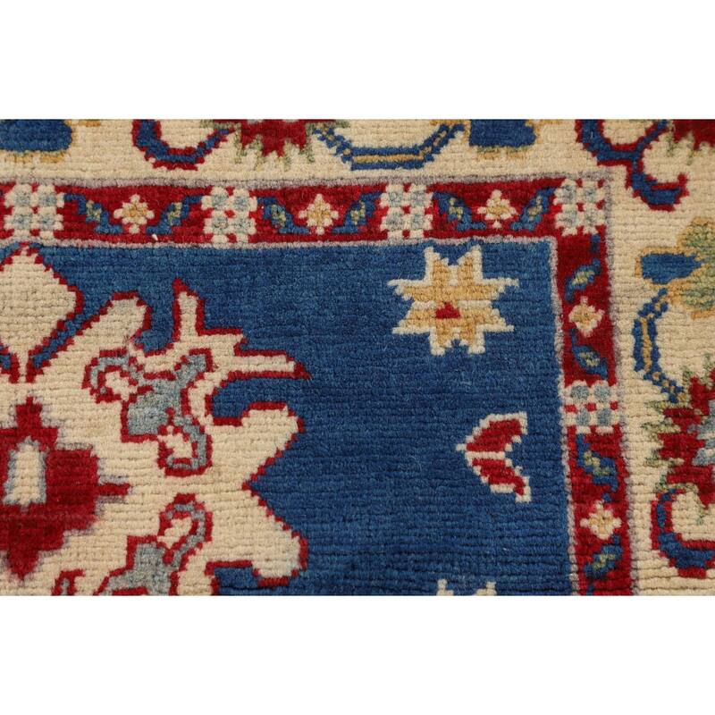 Geometric Kazak Foyer Rug Hand-Knotted Traditional Blue Wool Carpet - 2'7" x 3'11"