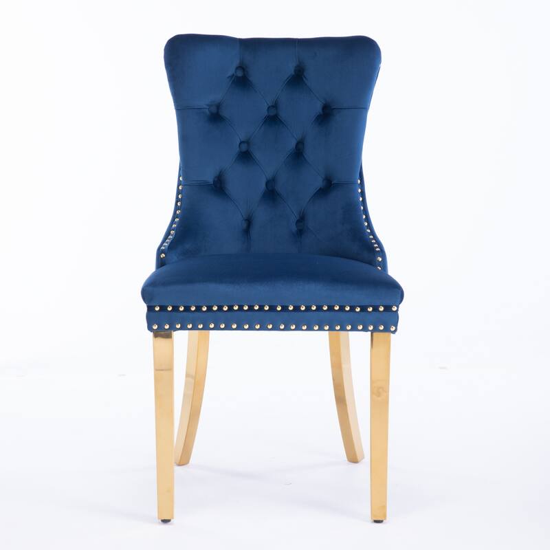 Contemporary Velvet Upholstered Dining Chair with Stainless Steel Plating Legs and Nailhead Trim - Blue-1