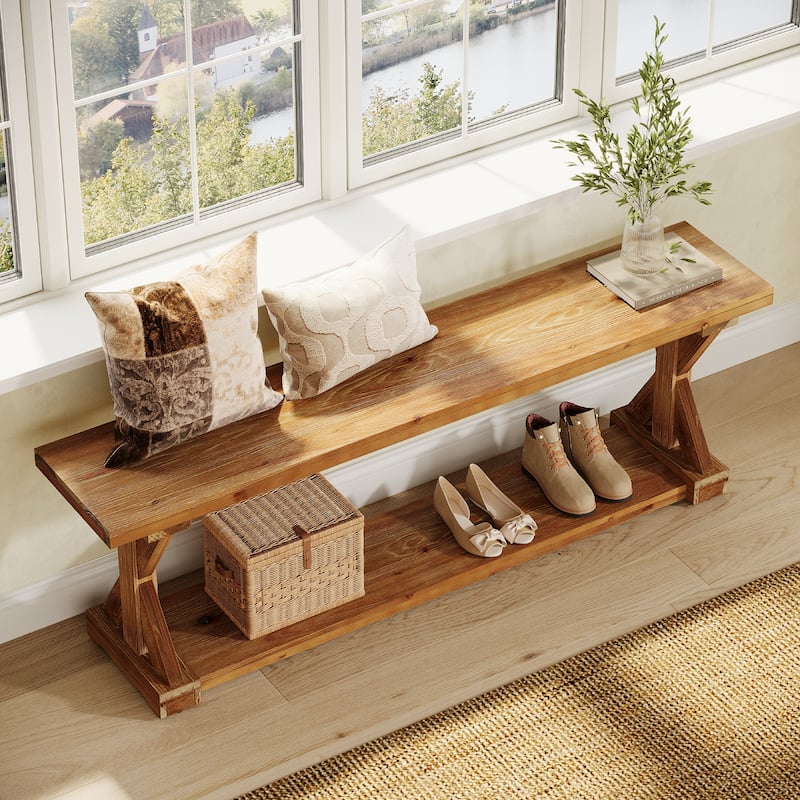 59 Inch Solid Wood Entryway Shoe Bench with Storage Shelves, Farmhouse Style - 59.06" W x 11.81" D x 17.72" H