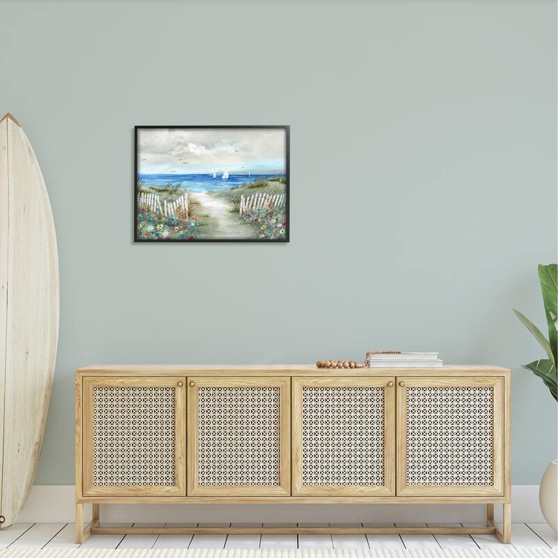 Stupell Tranquil Beachside Flower Meadow Ocean Sailboats Scene Framed Wall Art, Design by Nan