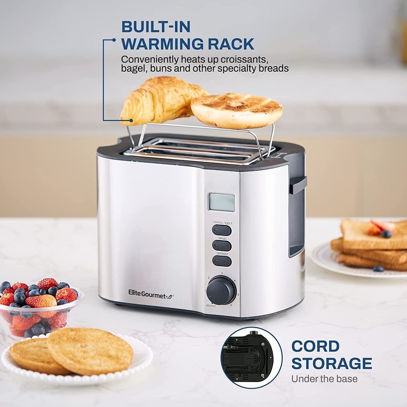 Elite Gourmet Stainless Steel 2-Slice LCD Toaster with Bagel