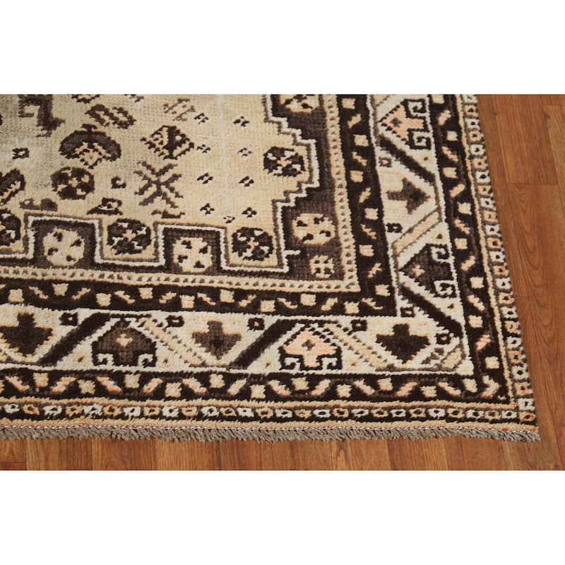 Hand Knotted Oriental 100% Wool Carpet Traditional Tribal Beige & Ivories Qashqai Area Rug - 9' 6'' X 6' 7''