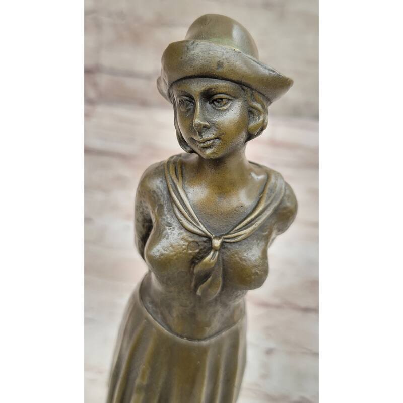 Art Deco Period Girl In Hat Bronze Statue Sculpture Figure 11.5 Inches X 3.5 Inches