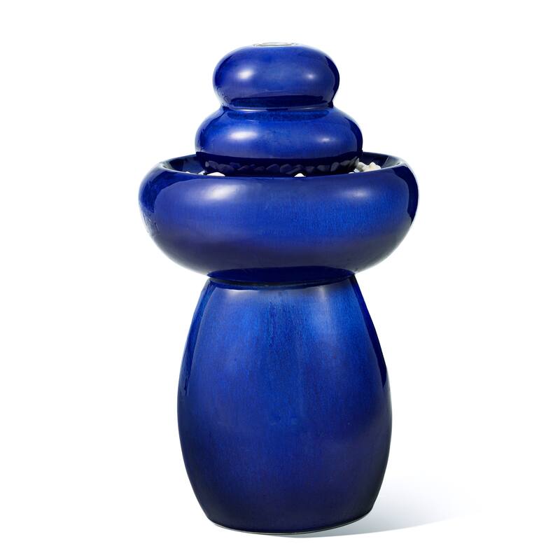 Glitzhome 22"H Zen-Style Cobalt Blue Pebbles Outdoor Ceramic Fountain with Pump and LED Light
