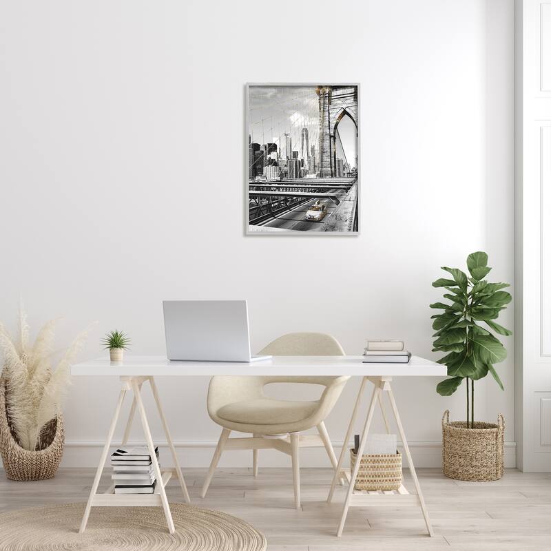 Stupell Brooklyn Bridge Urban City Architecture Taxi Driving Photography Framed Wall Art - Grey