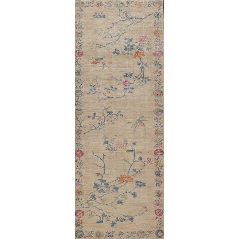 Vegetable Dye Art Deco Oriental Runner Rug Handmade Wool Carpet - 3'0" x 10'3"