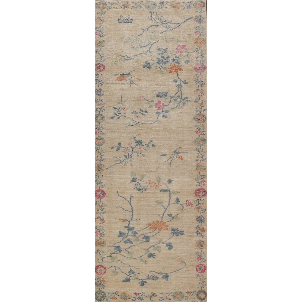 Hand Knotted Oriental 100% Wool Carpet Traditional Floral Beige & Ivories Art Deco Runner Rug - 10' 3'' X 3' 0''