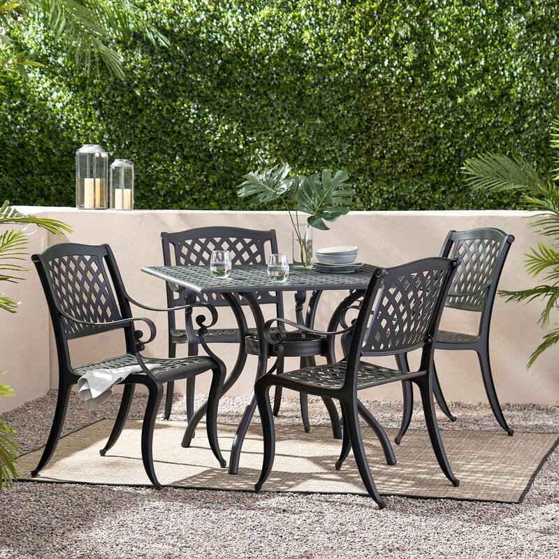Roomfitters 5-Piece Cast Aluminum Outdoor Dining Set with Lattice Chairs, Durable Weather-Resistant Design, Black