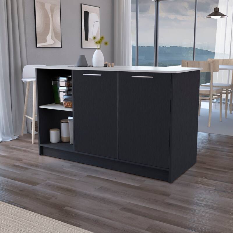 Kitchen Island with Black & Onyx Finish, Double Door Cabinets, 2 Open Shelves, 59" Countertop