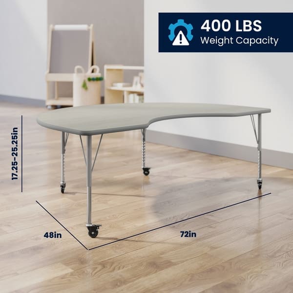 dimension image slide 0 of 4, Mobile 48''W x 72''L Kidney Thermal Laminate Activity Table - Adj. Short Legs