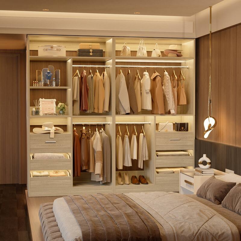 Qvella 72'' Closet System with 6 Wooden Drawers and 4 Hanging Rods, Walk-in Closet Organizer with 10 Storage Shelves