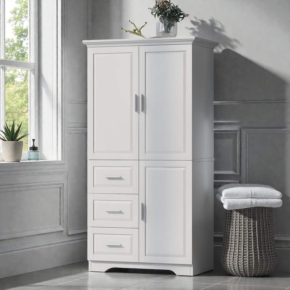 Tall Wide Storage Cabinet with Doors and 3 Drawers, Bathroom Pantry Organizer with Adjustable Shelves and Anti-Tipping Design