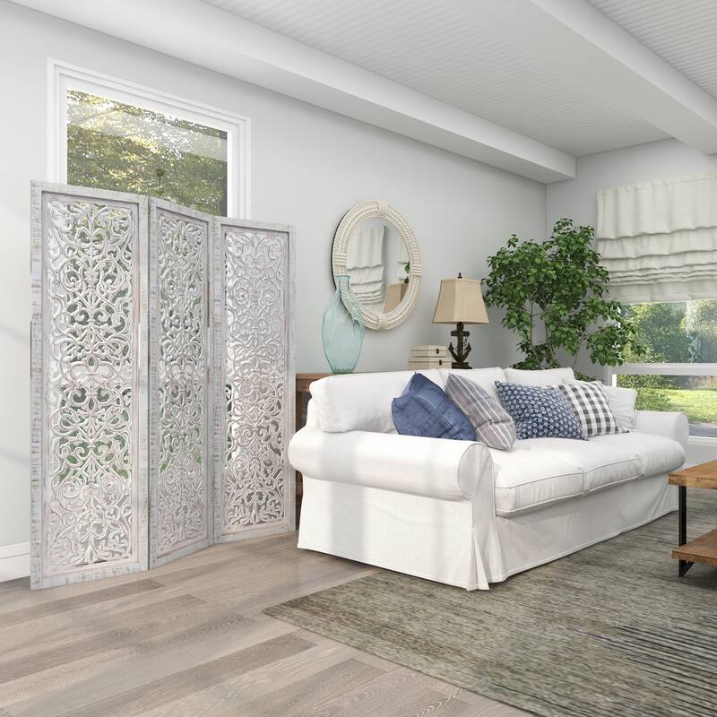 Wooden Floral Handmade Hinged Foldable 3 Panel Room Divider Screen with Intricate Carved Design - White - Roche River Decor