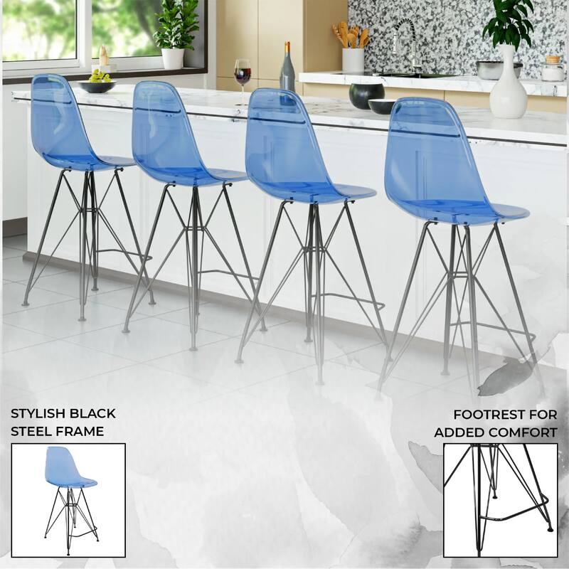 Cresco Acrylic Barstool in Brushed Black Steel Base with Ergonomic Seat, Footrest, & Floor Pads for Kitchen or Home Bar Set of 2