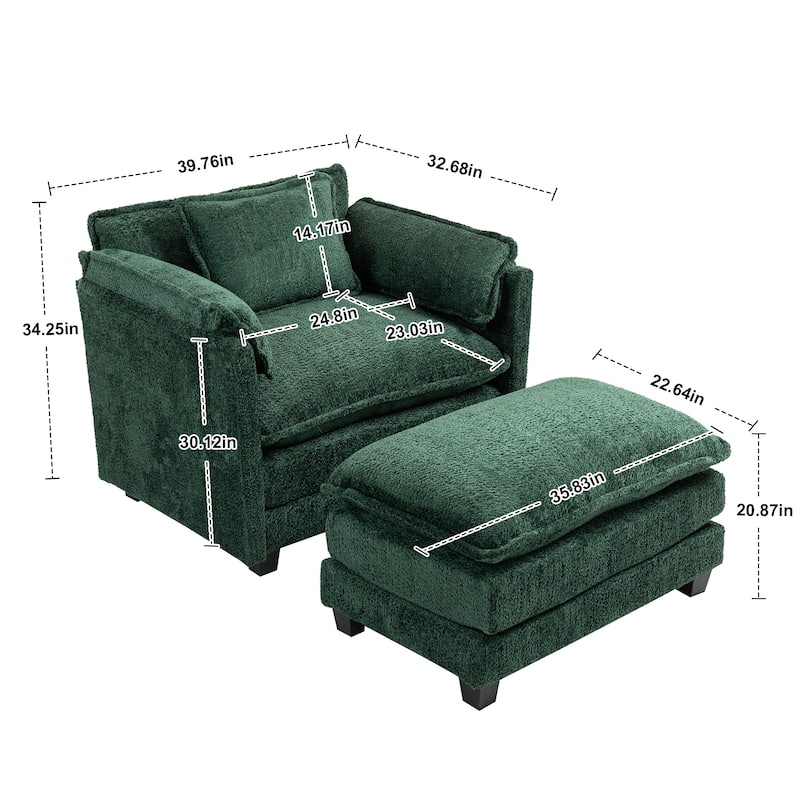 55" Oversized Single Sofa Chaise Lounge with Ottoman, Comfy Reading Chair Upholstered Sleeper Chair with Side Pockets