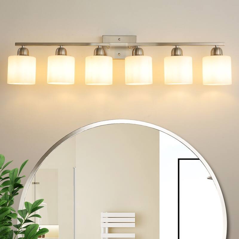 Modern Bathroom Vanity Light With Frosted Milk Glass Shades - 6-Lights - Chrome