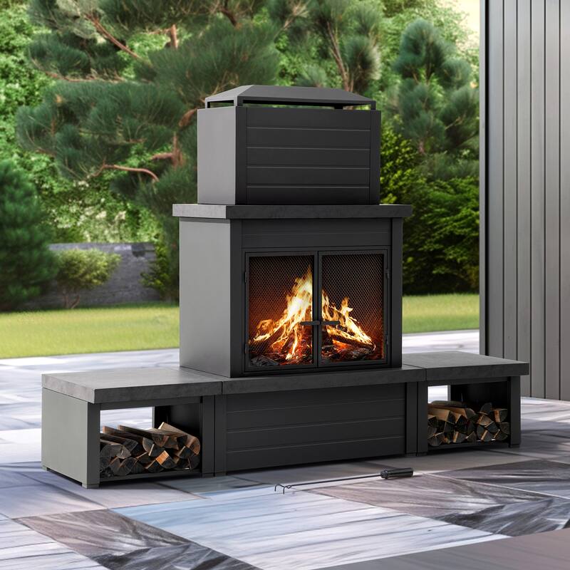 Sunjoy Outdoor Wood Burning with Chimney, Log Holders, Fireplace Tool, and PVC Cover - N/A - Black