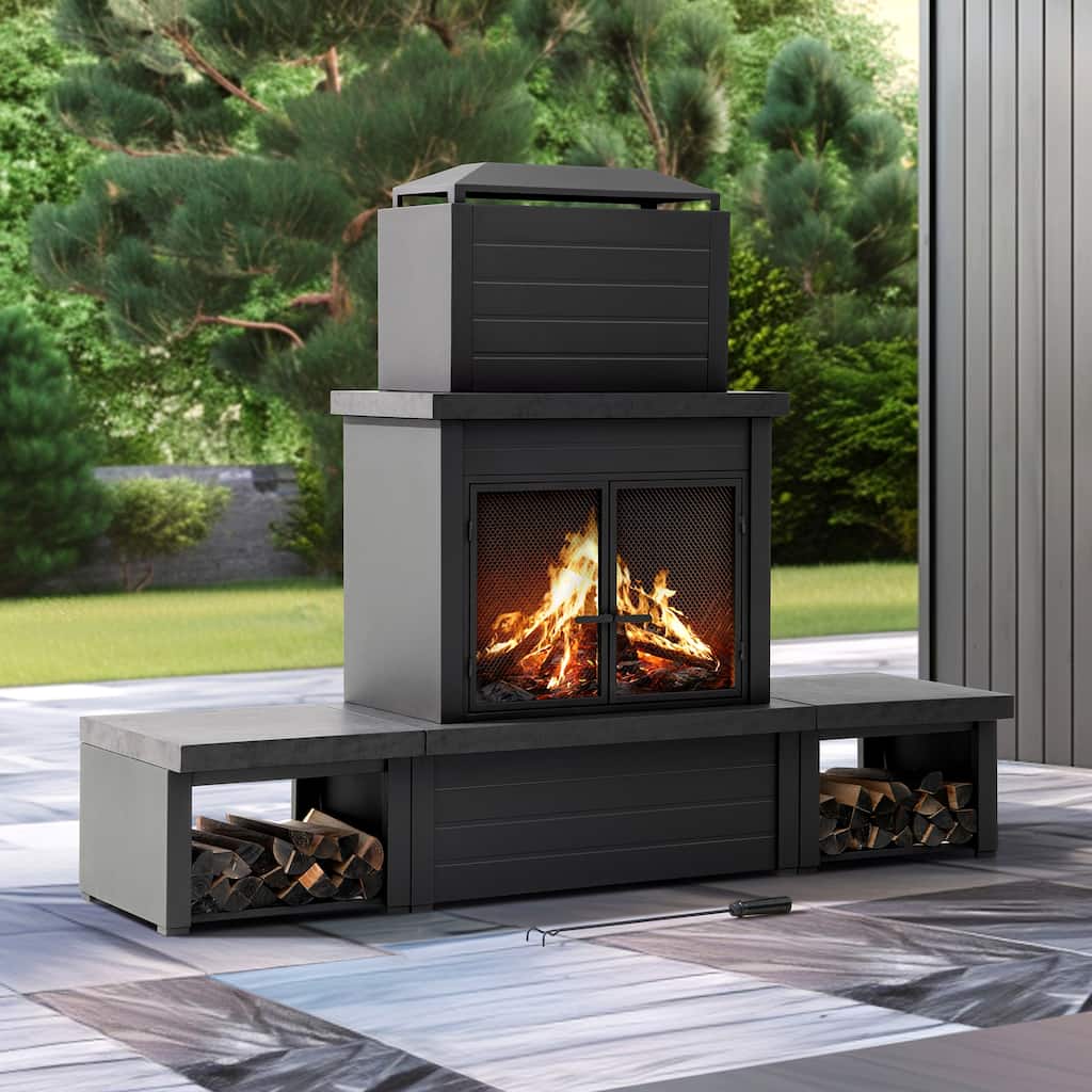 Sunjoy Outdoor Wood Burning with Chimney, Log Holders, Fireplace Tool, and PVC Cover