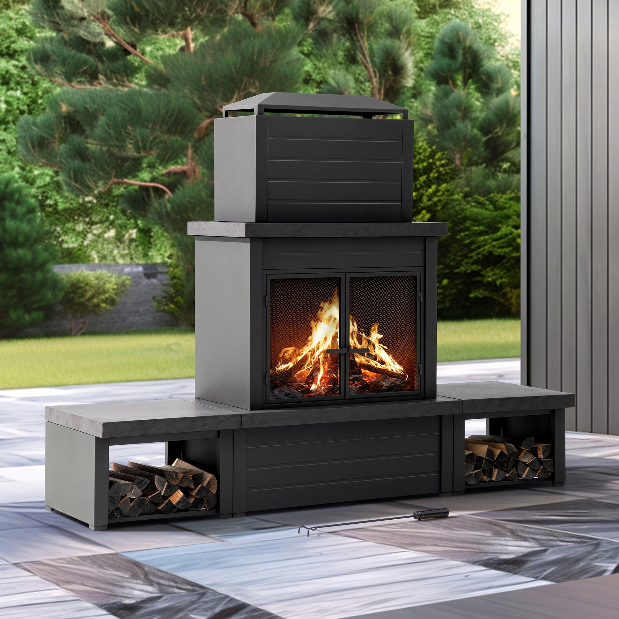 Sunjoy Outdoor Wood Burning with Chimney, Log Holders, Fireplace