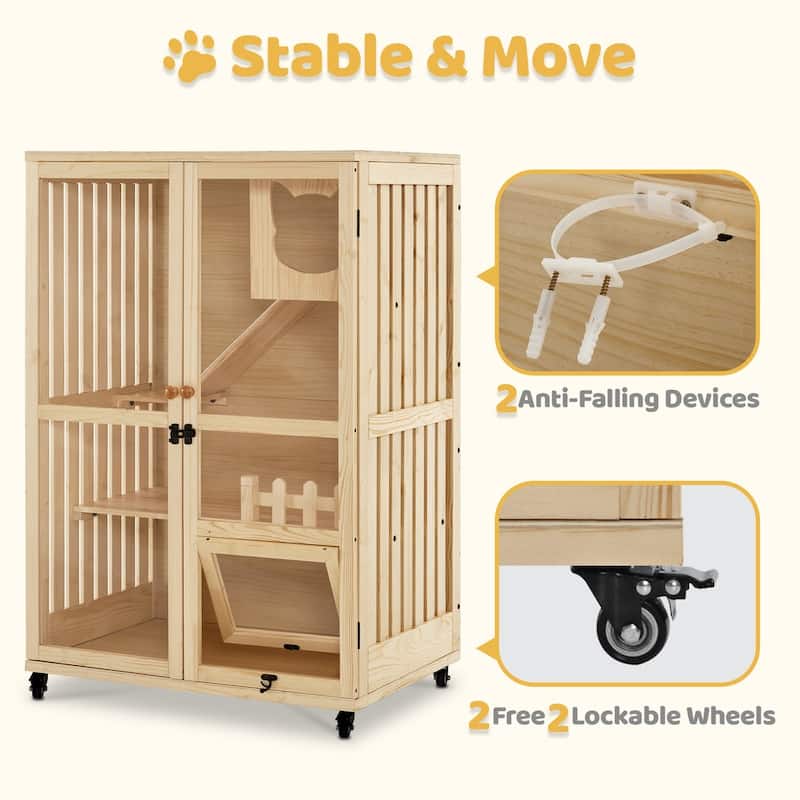 MCombo wooden cat houses for indoor cats, luxury cat house with Multiple Levels, Lockable Doors, Wheels, CT090