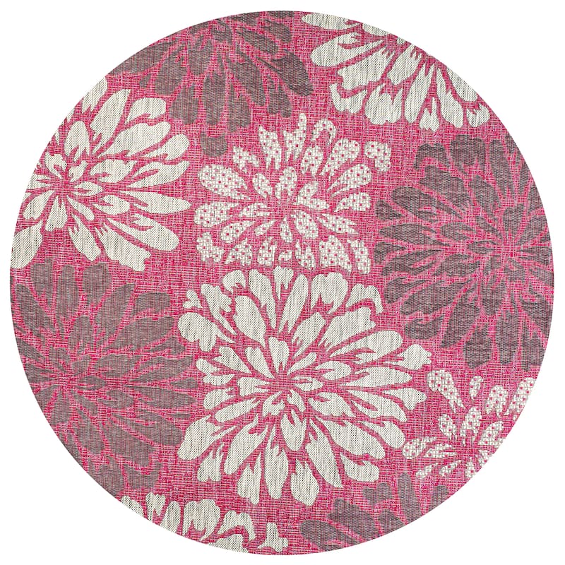 JONATHAN Y Floral Textured Weave Indoor/Outdoor Area Rug - 5' Round - Fuchsia/Light Gray