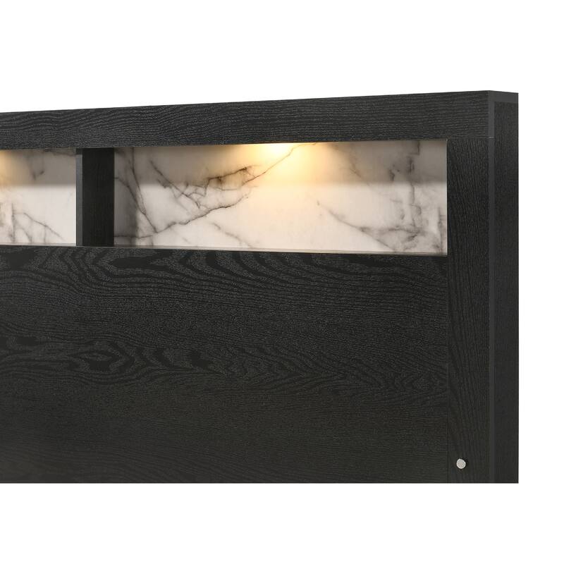 Queen Size Panel Bed Headboard with LED, Sleek Design, Black Finish, Extra Storage Space