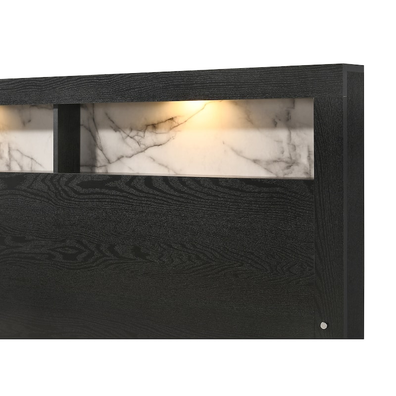 Queen Size Wood Panel Bed with LED Headboard and Built-in Shelves and Contemporary Design