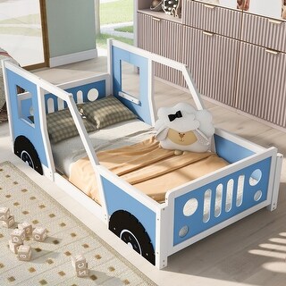 Classic Design Twin Size Car-Shaped Platform Bed with Wheels,Sturdy Pine Wood and Safety Guardrail