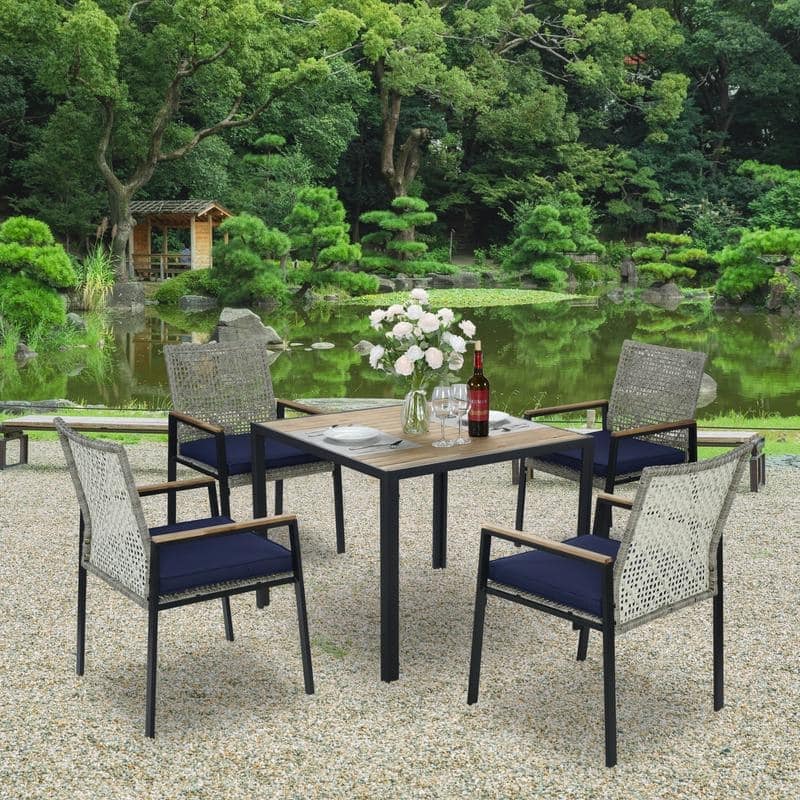 5-Piece All-Weather Outdoor Dining Set - Acacia Wood Table with Umbrella Hole & Rattan Chairs (Patio Conversation Group)‌ - Light Gray