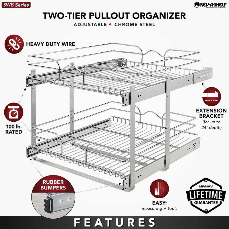 Rev-A-Shelf Pullout 2-Tier Basket Organizer for Kitchen Cabinets, 9 x 22 In, 5WB2-0922CR-1