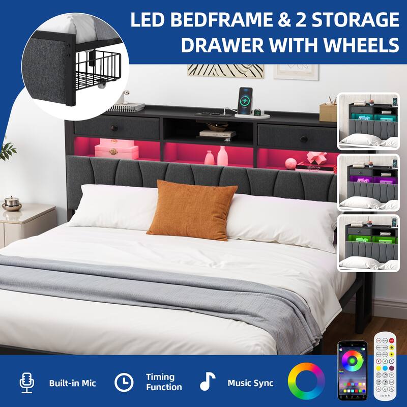 Moasis Linen Upholstered Platform Bed, Bed Frame with Hidden Storage Headboard and Charging Station