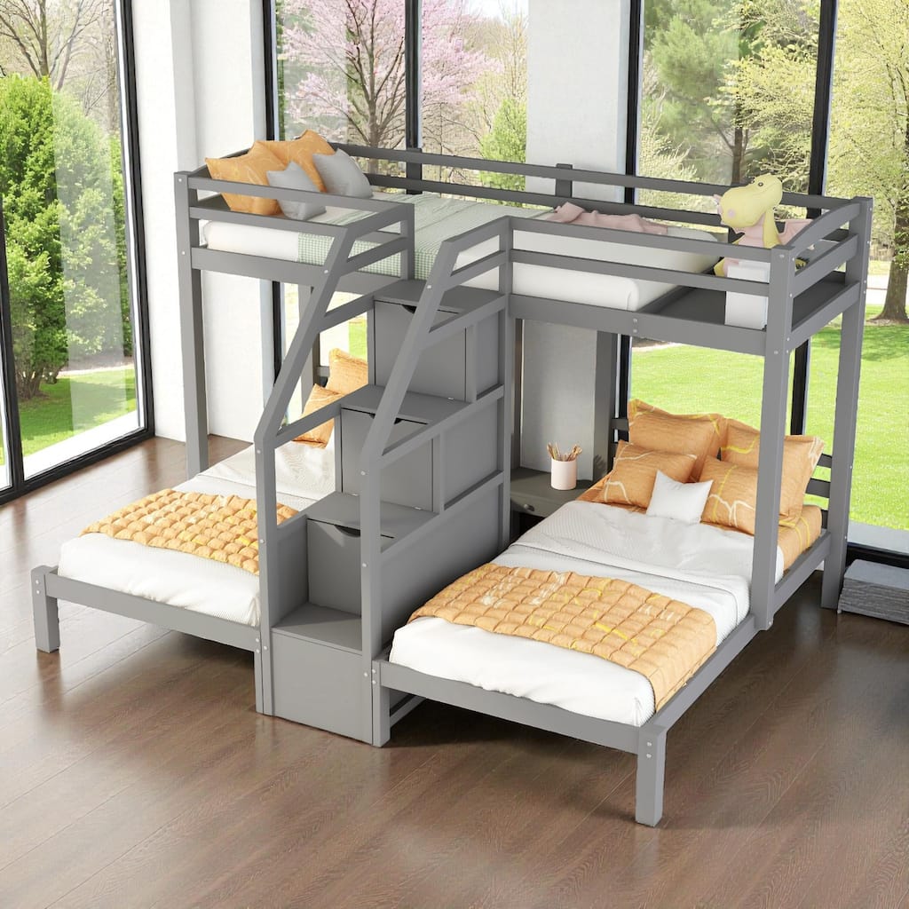 Twin over Twin & Twin Triple Bunk Bed with Built-in Staircase, Storage Drawers, Pine Wood Frame, Space-Saving Design