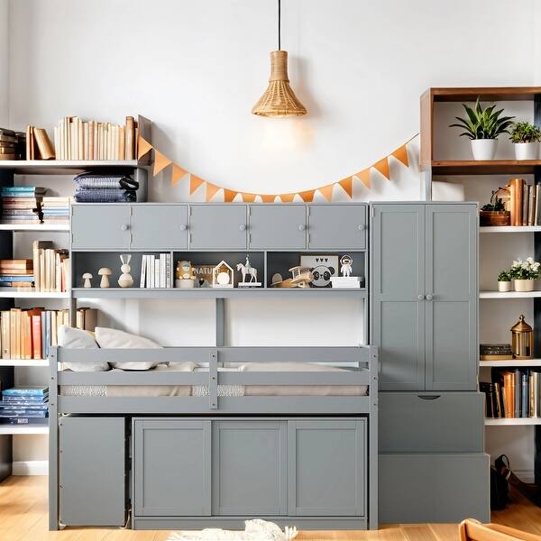 slide 2 of 23, Full Size Wooden Loft Bed With Large Storage Space And Under Bed Desk With Drawers And Shelves Grey