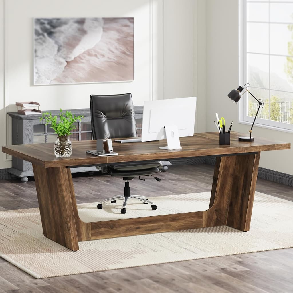 71 Inches Executive Desk, Large Home Office Desk with Solid Wooden Pedestal