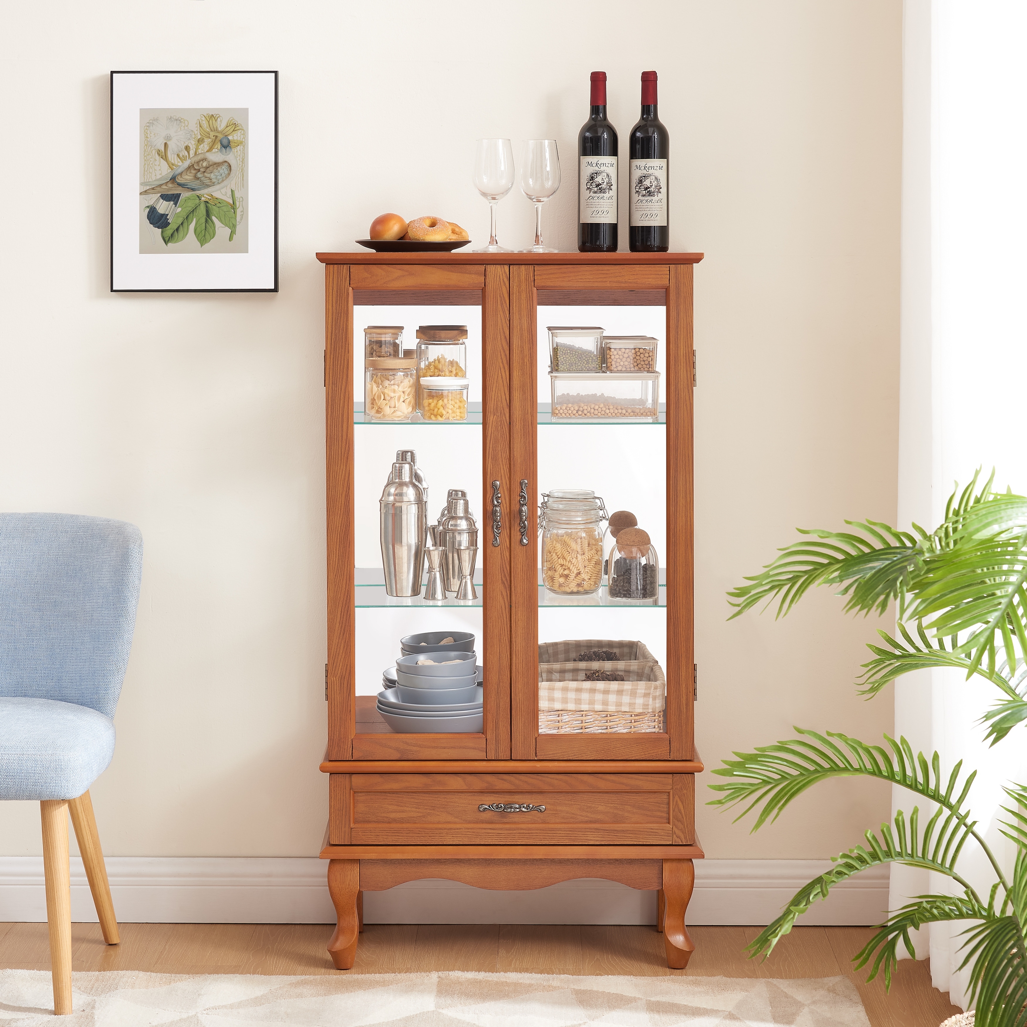 Lighted Glass Cabinet Glass Wine Cabinet Curio Display Cabinet with Adjustable Glass Shelves 2 Doors and 1 drawer Cabinet