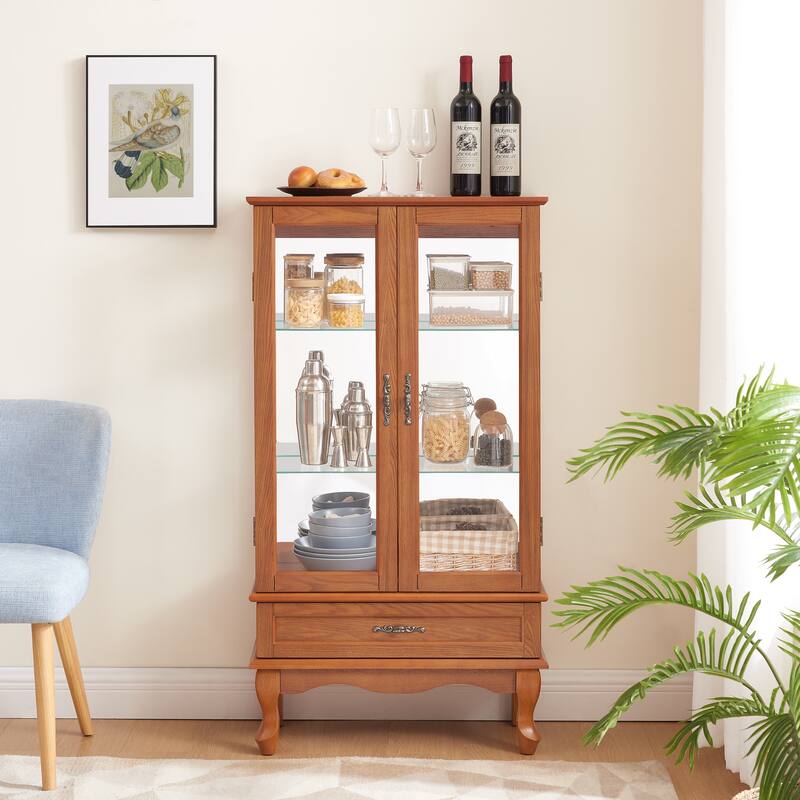 Lighted Glass Display Cabinet Glass Wine Cabinet Curio Display Cabinet with Adjustable Glass Shelves Two Doors - Oak