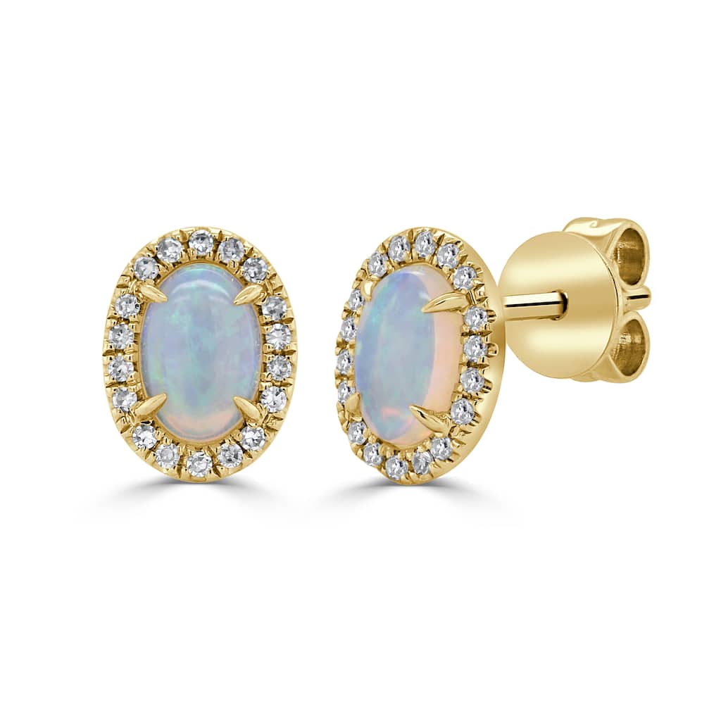 Joelle Collection Opal & Diamond Stud Earrings 14K Gold 6x8mm