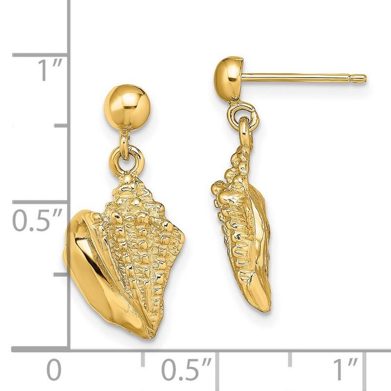 Curata 14k Yellow Gold Conch Shell Long Drop Dangle Earrings 22.35x10.9mm