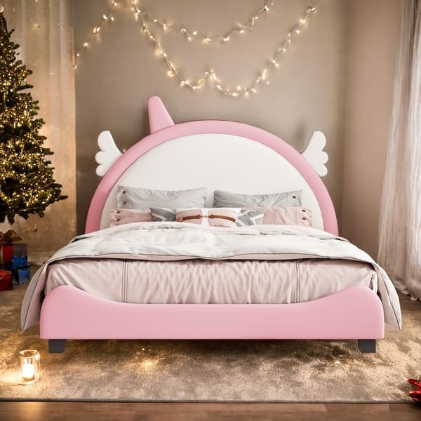 slide 2 of 7, Twin Size Unicorn Headboard Bed, White+Pink Pink